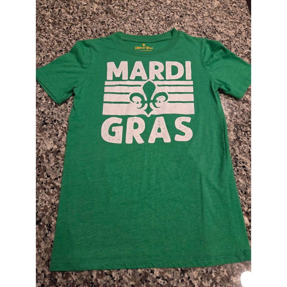 Mardi Gras Kids Green Fleur‎ De Lis Graphic Tee Shirt L 10/12 GS-DS-01-MGB-1222